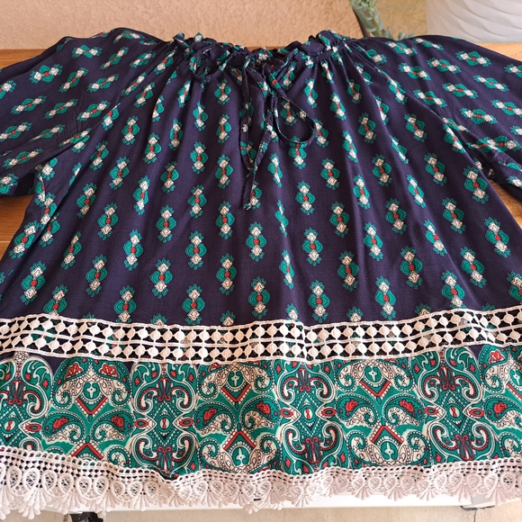 Tops - Bohemian Patterned Blouse with Lace Trim